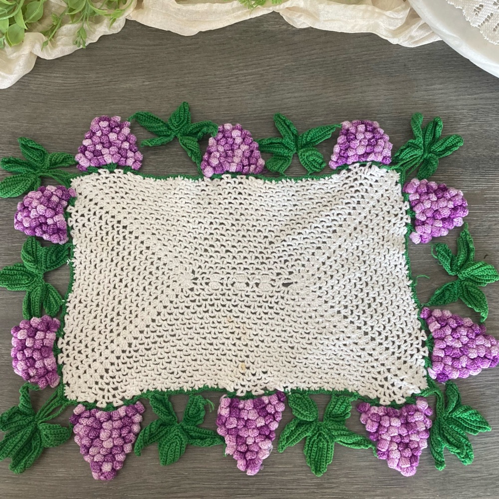 Vintage Hand sewn Crocheted Doily with Grapes and Leaves